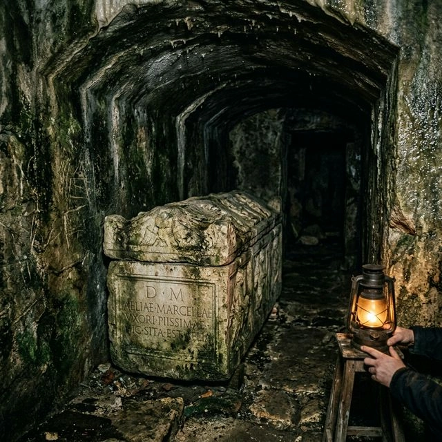 Sarcófago romano en la oscuridad